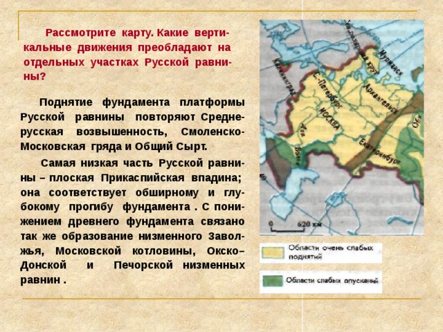  Рассмотрите карту. Какие верти-кальные движения преобладают на отдельных участках Русской равни-ны?  Поднятие фундамента платформы Русской равнины повторяют Средне-русская возвышенность, Смоленско-Московская гряда и Общий Сырт.  Самая низкая часть Русской равни-ны – плоская Прикаспийская впадина; она соответствует обширному и глу-бокому прогибу фундамента . С пони-жением древнего фундамента связано так же образование низменного Завол-жья, Московской котловины, Окско–Донской и Печорской низменных равнин . 