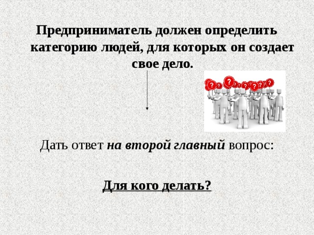 Предприниматель должен определить категорию людей, для которых он создает свое дело. Дать ответ на второй главный вопрос: Для кого делать? 