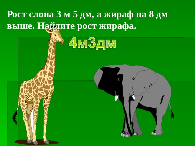 Дима нарисовал 5 слонов и 3 жирафа на сколько больше слонов чем жирафов нарисовал дима