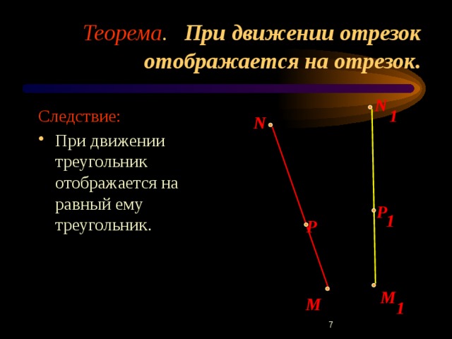  Теорема . При движении отрезок отображается на отрезок. N Следствие: При движении треугольник отображается на равный ему треугольник. 1  N  Р 1  Р  М   М 1 6 
