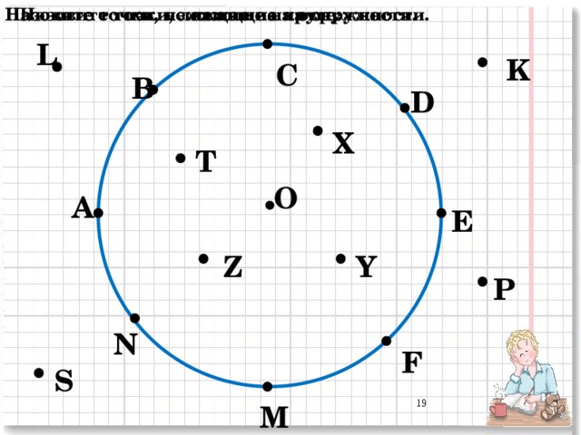 Назовите точки, не лежащие на окружности. Назовите точки, лежащие на круге: Назовите точки, лежащие на окружности. L K С В D X T О А E Y Z P N F S M  