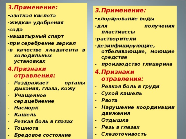 3.Применение: - азотная кислота -жидкие удобрения -сода -нашатырный спирт -при серебрение зеркал -в качестве хладагента в холодильных установках 4.Признаки отравления: Раздражает органы дыхания, глаза, кожу Учащенное сердцебиение Насморк Кашель Резкая боль в глазах Тошнота Бредовое состояние  3.Применение: - хлорирование воды -для получения пластмассы -растворители -дезинфицирующие, отбеливающие, моющие средства производство глицерина 4.Признаки отравления: Резкая боль в груди Сухой кашель Рвота Нарушение координации движения Отдышка Резь в глазах Слезоточивость  