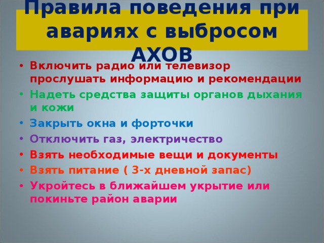 Правила поведения при авариях с выбросом АХОВ Включить радио или телевизор прослушать информацию и рекомендации Надеть средства защиты органов дыхания и кожи Закрыть окна и форточки Отключить газ, электричество Взять необходимые вещи и документы Взять питание ( 3-х дневной запас) Укройтесь в ближайшем укрытие или покиньте район аварии  