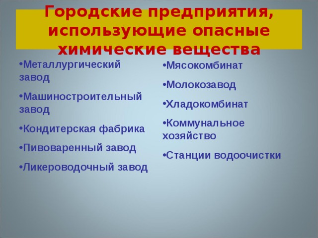  Городские предприятия, использующие опасные химические вещества   Металлургический завод Машиностроительный завод Кондитерская фабрика Пивоваренный завод Ликероводочный завод  Мясокомбинат Молокозавод Хладокомбинат Коммунальное хозяйство Станции водоочистки 