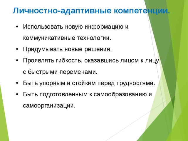 Личностно-адаптивные компетенции. Использовать новую информацию и коммуникативные технологии. Придумывать новые решения. Проявлять гибкость, оказавшись лицом к лицу с быстрыми переменами. Быть упорным и стойким перед трудностями. Быть подготовленным к самообразованию и самоорганизации. 