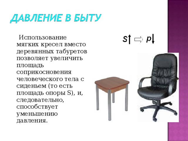 Использование мягких кресел вместо деревянных табуретов позволяет увеличить площадь соприкосновения человеческого тела с сиденьем (то есть площадь опоры S) , и, следовательно, способствует уменьшению давления. 