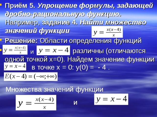 Приём 5. Упрощение формулы, задающей дробно-рациональную функцию. Например, задание 4.  Найти множество значений функции  Решение: Области определения функций  различны (отличаются одной точкой x =0). Найдем значение функции и в точке x = 0: y (0) = - 4 .  Множества значений функции и  