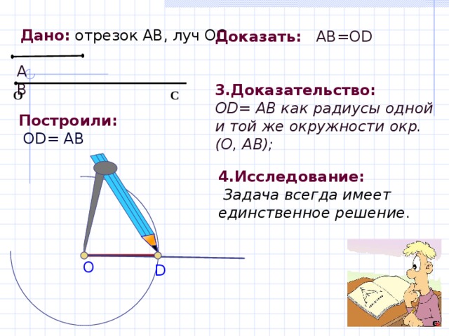 Дано:  отрезок АВ, луч ОС. Доказать:  А B =О D 3.Доказательство:  OD = АВ как радиусы одной и той же окружности окр.( O , АВ); А B О      C Построили:   OD = АВ  4.Исследование:  Задача всегда имеет единственное решение . O D 