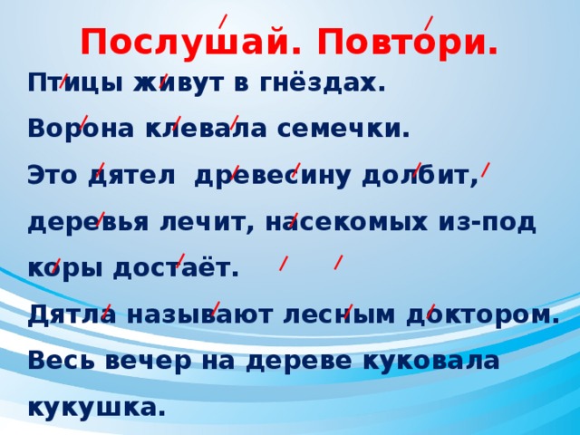 Послушай. Повтори. Птицы живут в гнёздах. Ворона клевала семечки. Это дятел древесину долбит, деревья лечит, насекомых из-под коры достаёт. Дятла называют лесным доктором. Весь вечер на дереве куковала кукушка. 