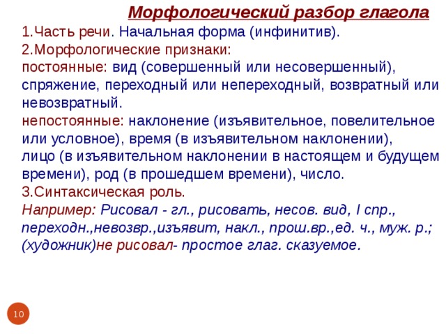   Морфологический разбор глагола 1.Часть речи . Начальная форма (инфинитив). 2.Морфологические признаки: постоянные:  вид (совершенный или несовершенный), спряжение, переходный или непереходный, возвратный или невозвратный. непостоянные:  наклонение (изъявительное, повелительное или условное), время (в изъявительном наклонении), лицо (в изъявительном наклонении в настоящем и будущем времени), род (в прошедшем времени), число. 3.Синтаксическая роль. Например: Рисовал - гл., рисовать, несов. вид, I спр., переходн.,невозвр.,изъявит, накл., прош.вр.,ед. ч., муж. р.; (художник) не рисовал - простое глаг. сказуемое.    