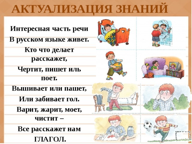 АКТУАЛИЗАЦИЯ ЗНАНИЙ                       Интересная часть речи В русском языке живет. Кто что делает расскажет, Чертит, пишет иль поет. Вышивает или пашет, Или забивает гол. Варит, жарит, моет, чистит – Все расскажет нам  ГЛАГОЛ.