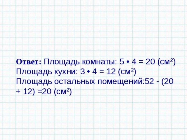 Ответ: Площадь комнаты: 5 • 4 = 20 (см 2 )  Площадь кухни: 3 • 4 = 12 (см 2 )  Площадь остальных помещений:52 - (20 + 12) =20 (см 2 ) 