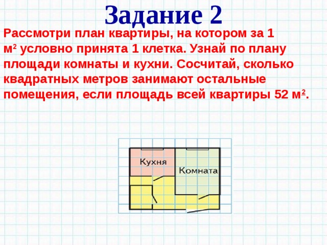 Задание 2 Рассмотри план квартиры, на котором за 1 м 2  условно принята 1 клетка. Узнай по плану площади комнаты и кухни. Сосчитай, сколько квадратных метров занимают остальные помещения, если площадь всей квартиры 52 м 2 .  