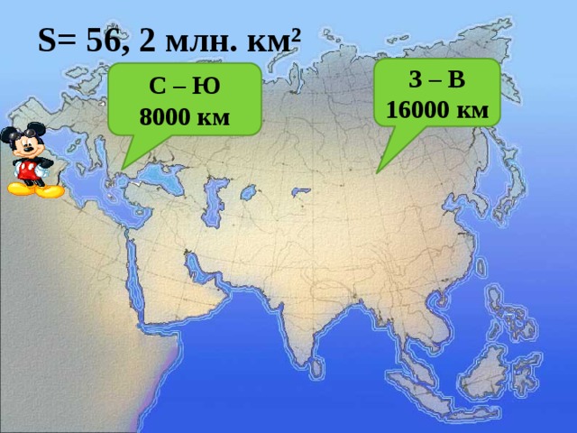 S= 56, 2 млн. км² З – В 16000 км С – Ю 8000 км 