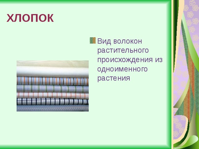 ХЛОПОК Вид волокон растительного происхождения из одноименного растения 