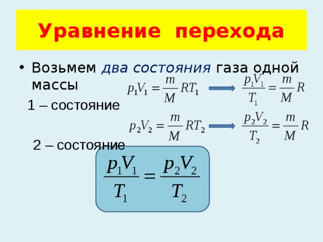 Уравнение перехода Возьмем два состояния газа одной массы  1 – состояние  2 – состояние