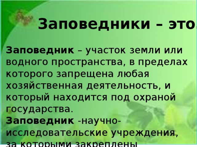 Заповедники – это… Заповедник – участок земли или водного пространства, в пределах которого запрещена любая хозяйственная деятельность, и который находится под охраной государства. Заповедник -научно-исследовательские учреждения, за которыми закреплены указанные территории. 