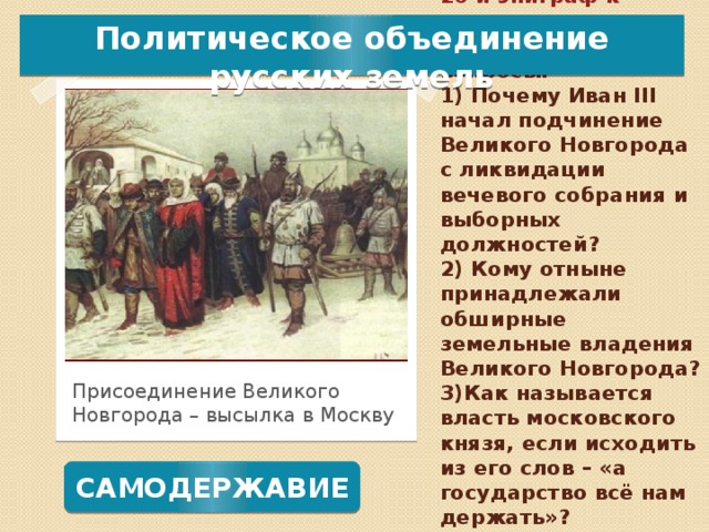 Собрание всех горожан новгорода называлась. Ликвидация вечевого строя. Причины объединения России Иваном 3.