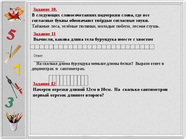 Задание 10. В следующих словосочетаниях подчеркни слова, где все согласные буквы обозначают твёрдые согласные звуки. Таёжные леса, зелёные полянки, молодые побеги, лесная глушь. Задание 11 Вычисли, какова длина тела бурундука вместе с хвостом                                                     Ответ: _________________  На сколько длина бурундука меньше длины белки? Вырази ответ в дециметрах и сантиметрах.                     Задание 12 Начерти отрезки длиной 12см и 10см. На сколько сантиметров первый отрезок длиннее второго?