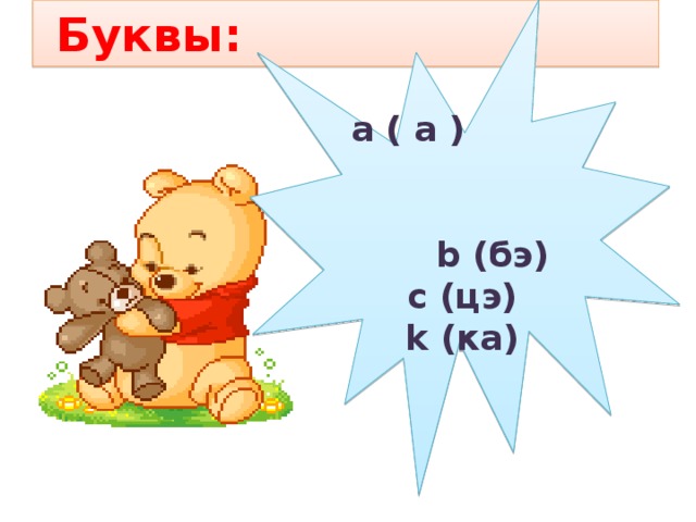 а ( а ) b (бэ)  Буквы: с (цэ) k (ка) 