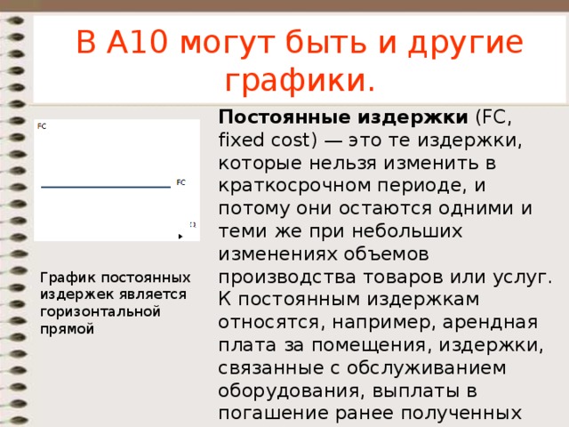 В А10 могут быть и другие графики. Постоянные издержки  (FC, fixed cost) — это те издержки, которые нельзя изменить в краткосрочном периоде, и потому они остаются одними и теми же при небольших изменениях объемов производства товаров или услуг. К постоянным издержкам относятся, например, арендная плата за помещения, издержки, связанные с обслуживанием оборудования, выплаты в погашение ранее полученных ссуд, а также всевозможные административные и иные расходы. График постоянных издержек является горизонтальной прямой    