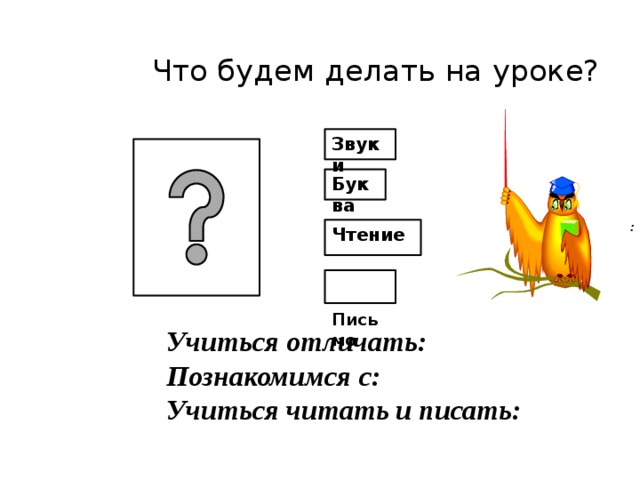 Что будем делать на уроке? Звуки      Учиться отличать: Познакомимся с: Учиться читать и писать: Буква  : Чтение  Письмо 