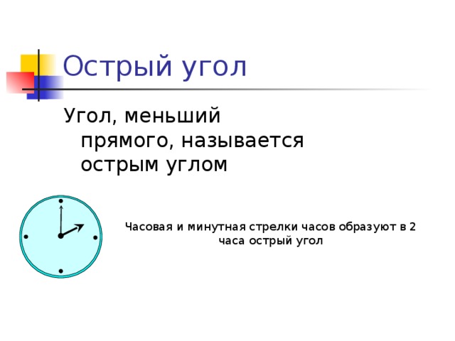Острый угол Угол, меньший прямого, называется острым углом Часовая и минутная стрелки часов образуют в 2 часа острый угол  