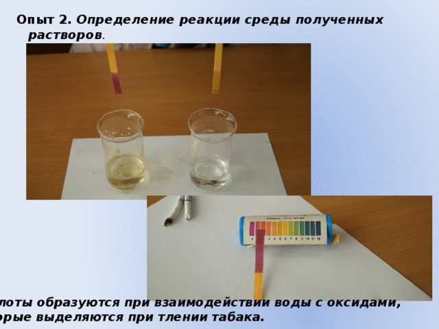 Опыт 2. Определение реакции среды полученных растворов . Кислоты образуются при взаимодействии воды с оксидами, которые выделяются при тлении табака. 