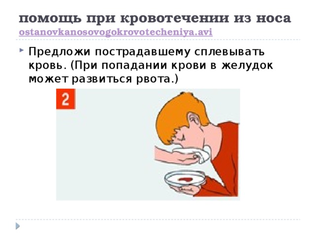 помощь при кровотечении из носа ostanovkanosovogokrovotecheniya.avi Предложи пострадавшему сплевывать кровь. (При попадании крови в желудок может развиться рвота.) 