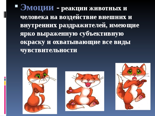 Эмоции -  реакции животных и человека на воздействие внешних и внутренних раздражителей, имеющие ярко выраженную субъективную окраску и охватывающие все виды чувствительности 