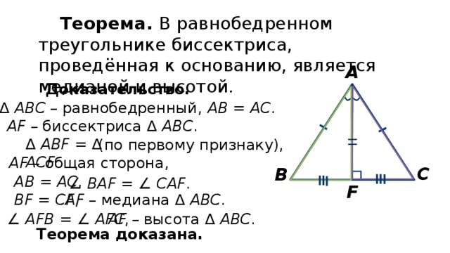 Теорема. В равнобедренном треугольнике биссектриса, проведённая к основанию, является медианой и высотой.  А Доказательство. ∆ АВС – равнобедренный, АВ = АС . AF – биссектриса ∆ АВС . ∆ АВF = ∆ АСF (по первому признаку), AF – общая сторона, С В AВ = АС , ∠ ВAF =  ∠ СAF . F ВF = СF , AF – медиана ∆ АВС . AF – высота ∆ АВС . ∠ AFВ =  ∠ АFС , Теорема доказана. 