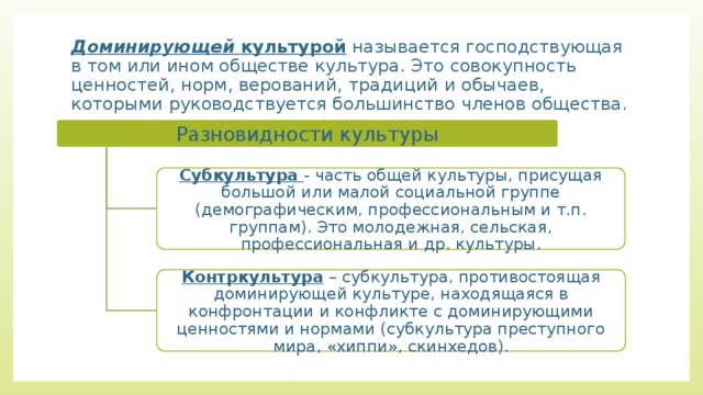 Доминирующей  культурой называется господствующая в том или ином обществе культура. Это совокупность ценностей, норм, верований, традиций и обычаев, которыми руководствуется большинство членов общества. Разновидности культуры Субкультура - часть общей культуры, присущая большой или малой социальной группе (демографическим, профессиональным и т.п. группам). Это молодежная, сельская, профессиональная и др. культуры. Контркультура   – субкультура, противостоящая доминирующей культуре, находящаяся в конфронтации и конфликте с доминирующими ценностями и нормами (субкультура преступного мира, «хиппи», скинхедов). 