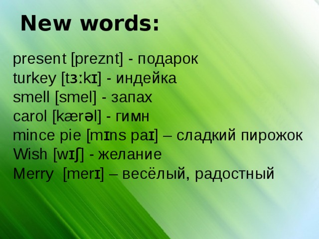 New words: present [preznt] - подарок turkey [tɜːkɪ] - индейка smell [smel] - запах carol [kærəl] - гимн mince pie [mɪns paɪ] – сладкий пирожок Wish [wɪʃ] - желание Merry [merɪ] – весёлый, радостный 