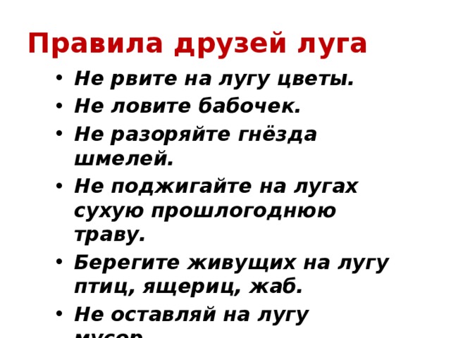 Правила друзей луга Не рвите на лугу цветы. Не ловите бабочек. Не разоряйте гнёзда шмелей. Не поджигайте на лугах сухую прошлогоднюю траву. Берегите живущих на лугу птиц, ящериц, жаб. Не оставляй на лугу мусор. 