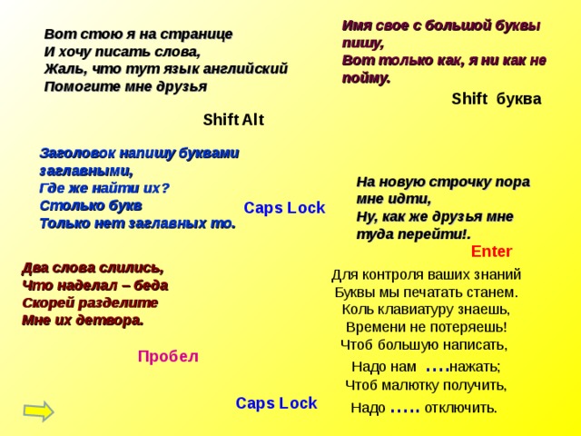 Для контроля ваших знаний буквы мы печатать станем коль клавиатуру знаешь времени не потеряешь