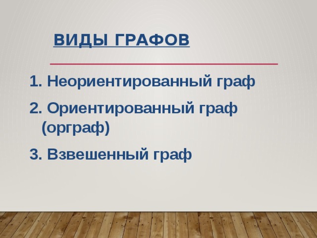 ВИДЫ ГРАФОВ  Неориентированный граф  Ориентированный граф (орграф)  Взвешенный граф 