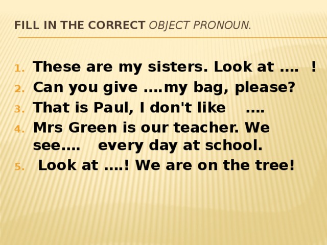 Fill in the correct object pronoun.   These are my sisters. Look at ….  ! Can you give ….  my bag, please? That is Paul, I don't like  …. Mrs Green is our teacher. We see….  every day at school.  Look at ….! We are on the tree! 