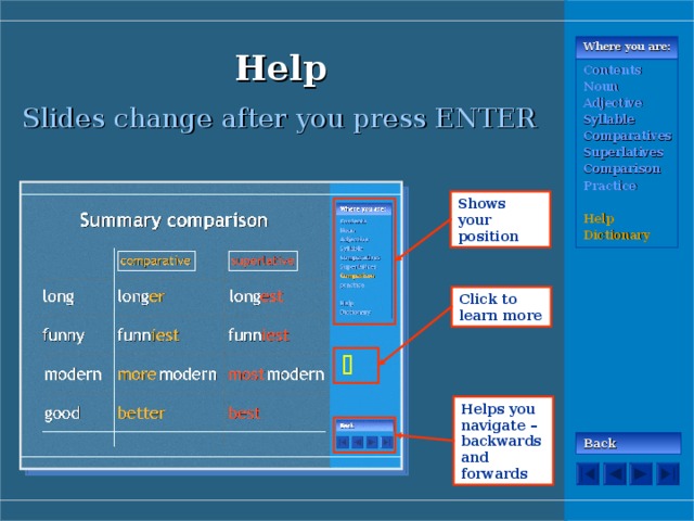 Change of ‘y’ into ‘i’ Where you are: Contents Noun Adjective Syllable Comparatives Superlatives Comparison Practice  Help Dictionary We want the comparative form of the adjective ‘funny’ funny +er funnier y    i +ier funn Back 