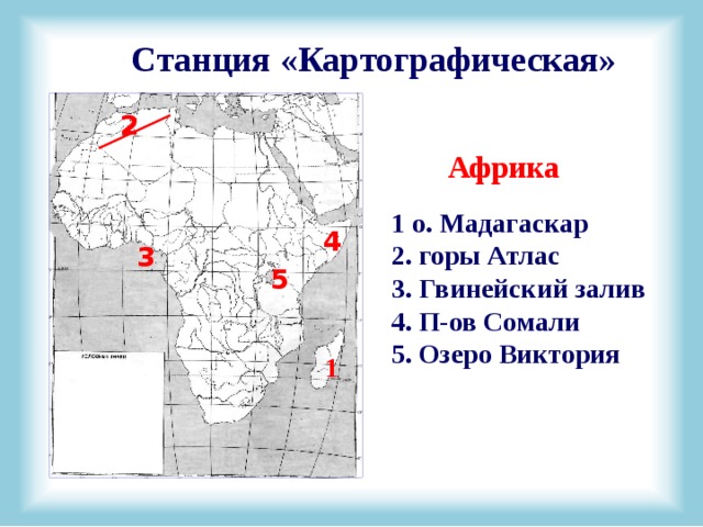 Станция «Картографическая» 2   Африка  1 о. Мадагаскар 2. горы Атлас 3. Гвинейский залив 4. П-ов Сомали 5. Озеро Виктория ? 4 3 5 1  