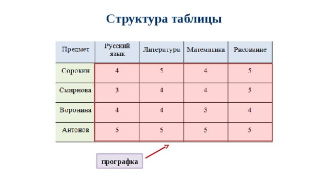 Структура таблицы прографка 