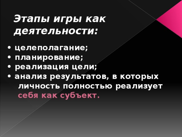 Этапы игры как деятельности: • целеполагание;  • планирование;  • реализация цели;  • анализ результатов, в которых  личность полностью реализует   себя как субъект.   