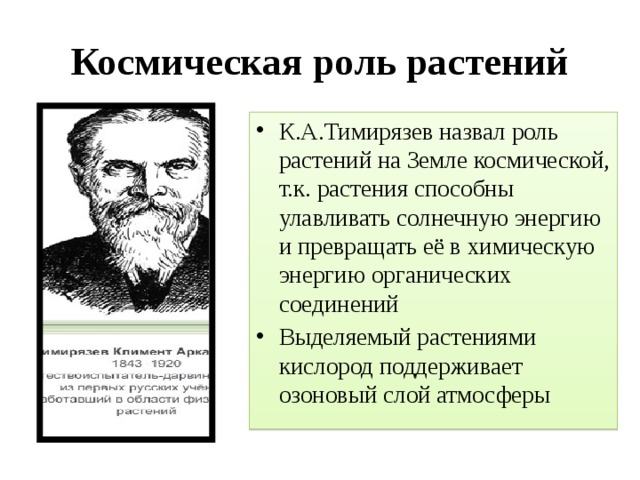 Космическая роль. Тимирязев Космическая роль растений. К.А.Тимирязева 