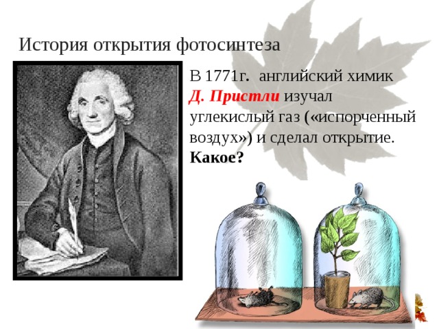 История открытия фотосинтеза В 1771г . английский химик Д. Пристли изучал углекислый газ («испорченный воздух») и сделал открытие. Какое?   