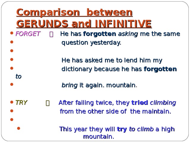 Comparison between GERUNDS and INFINITIVE   FORGET  。  He has forgotten  asking me the same  question yesterday.  He has asked me to lend him my  dictionary because he has forgotten to  bring it again. mountain .  TRY  。  After failing twice, they tried  climbing   from the other side of the maintain.  This year they will try  to climb a high mountain.    