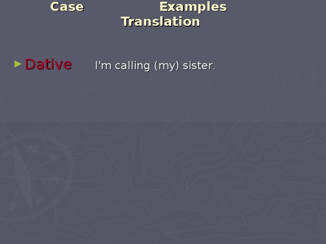 Case Examples Translation    Dative  I'm calling (my) sister . 