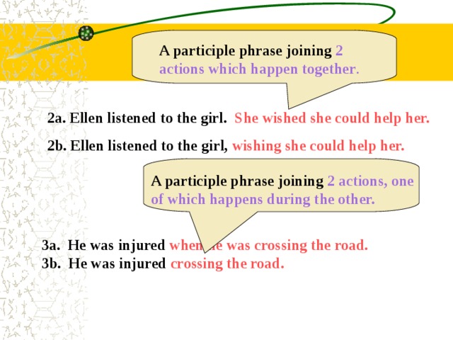A participle phrase joining 2 actions which happen together . 2a. Ellen listened to the girl. She wished she could help her. 2b. Ellen listened to the girl, wishing she could help her. A participle phrase joining 2 actions, one of which happens during the other.  3a. He was injured when he was crossing the road.  3b. He was injured crossing the road. 