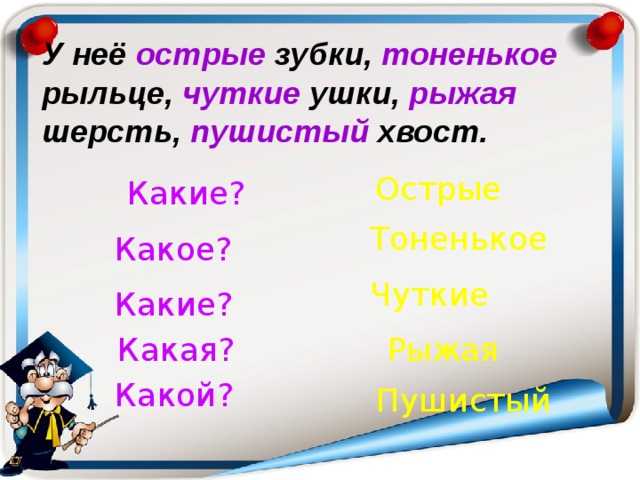 У неё острые  зубки,  тоненькое  рыльце,  чуткие  ушки,  рыжая  шерсть,  пушистый  хвост. Острые Какие? Тоненькое Какое? Чуткие Какие?  Рыжая Какая? Какой? Пушистый 