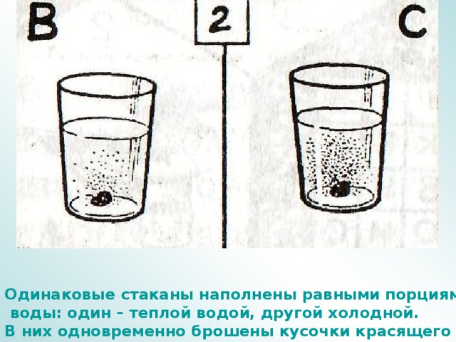 Одинаковые стаканы наполнены равными порциями воды: один – теплой водой, другой холодной. В них одновременно брошены кусочки красящего вещества. Посмотрев на рисунок, определите, в каком из стаканов вода холодная. 