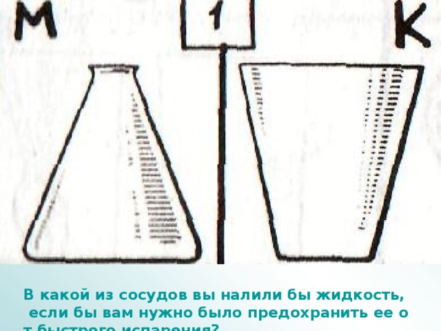 В какой из сосудов вы налили бы жидкость, если бы вам нужно было предохранить ее от быстрого испарения? 