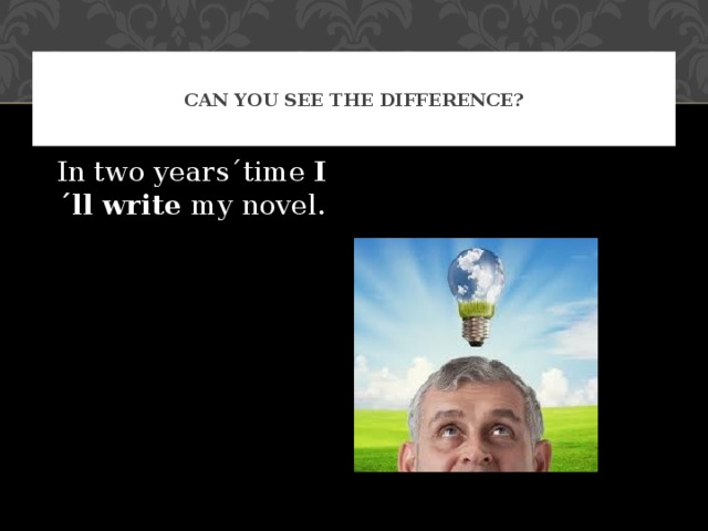 CAN YOU SEE THE DIFFERENCE? In two years´time I´ll write my novel. 